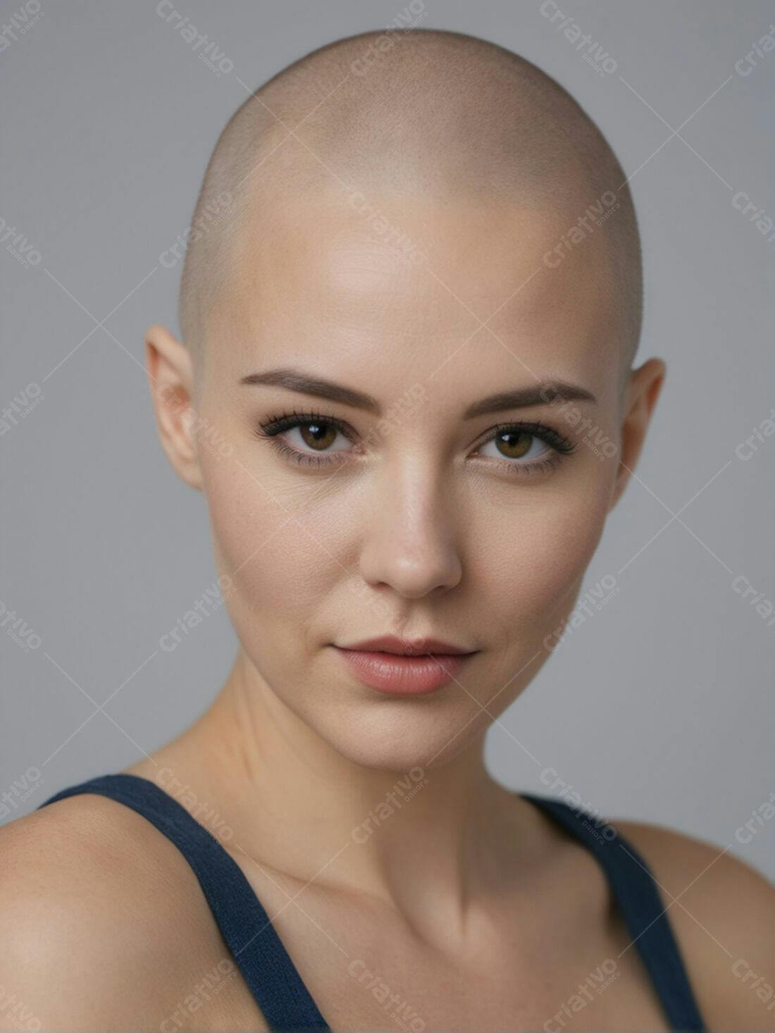 Mulher careca retrato fundo neutro