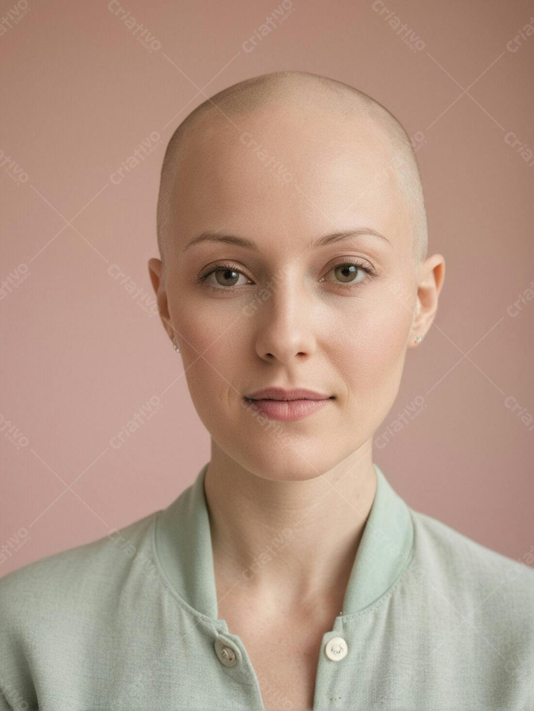 Mulher careca sorrindo fundo rosa