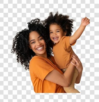 Mãe negra com a sua filha no colo, felizes, sorriso no rosto