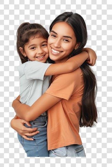 Uma mãe com a sua filha abraçada, felizes e sorrindo