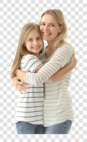 Uma mãe com a sua filha abraçada, felizes e sorrindo
