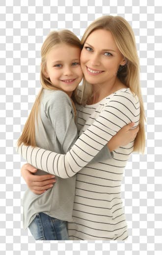 Uma mãe com a sua filha abraçada, felizes e sorrindo