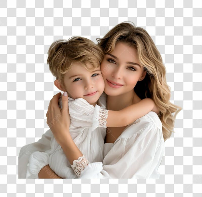 Uma mãe com o seu filho abraçado, felizes e sorrindo
