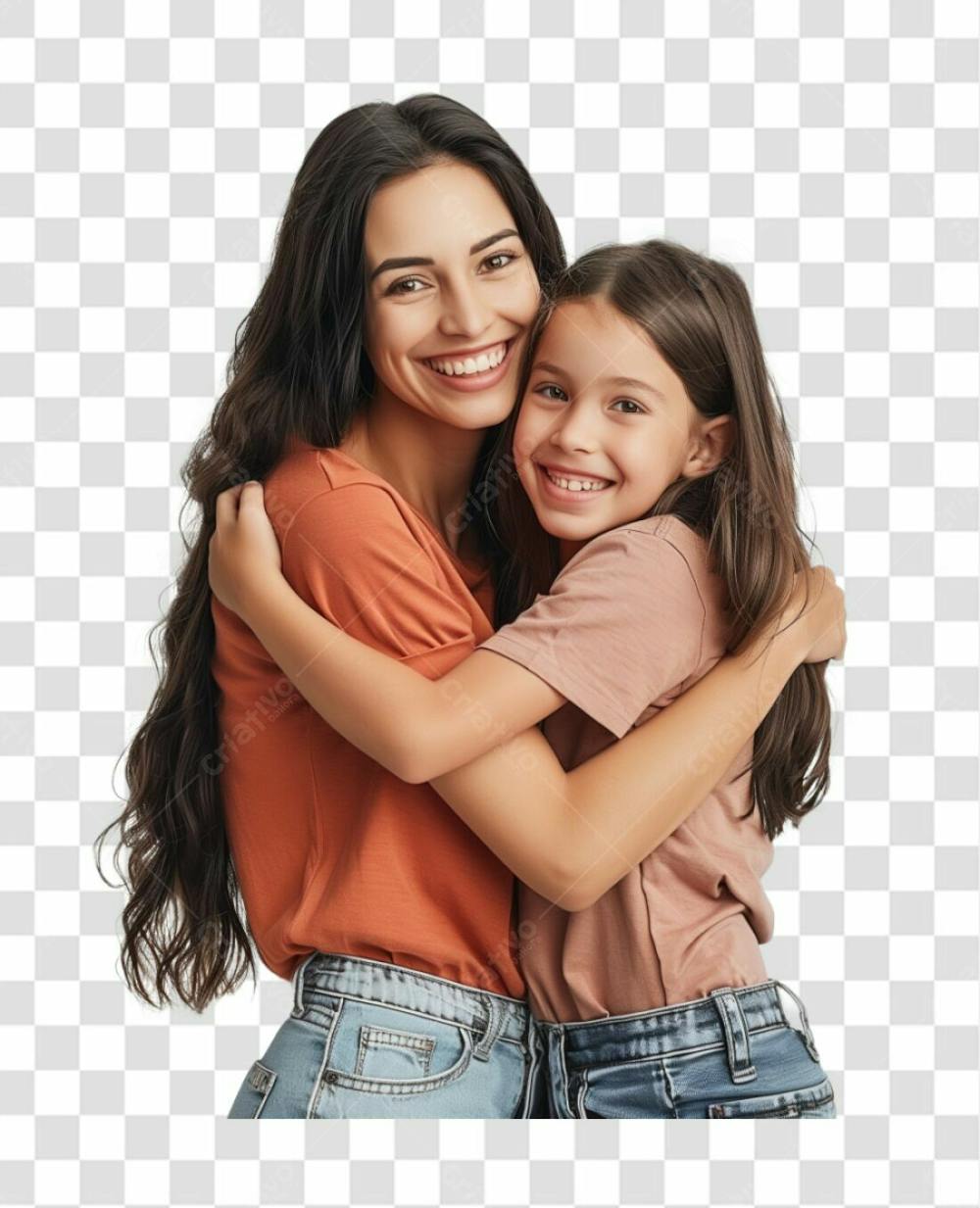 Uma Mãe Com A Sua Filha Abraçada, Felizes E Sorrindo
