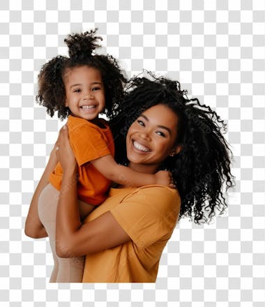 Mãe negra com a sua filha no colo, felizes, sorriso no rosto