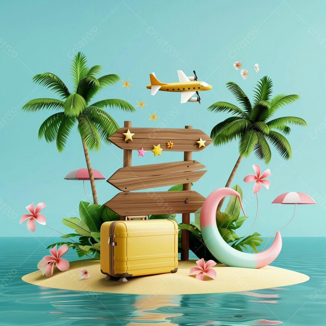 Mala amarela em ilha tropical paradisíaca