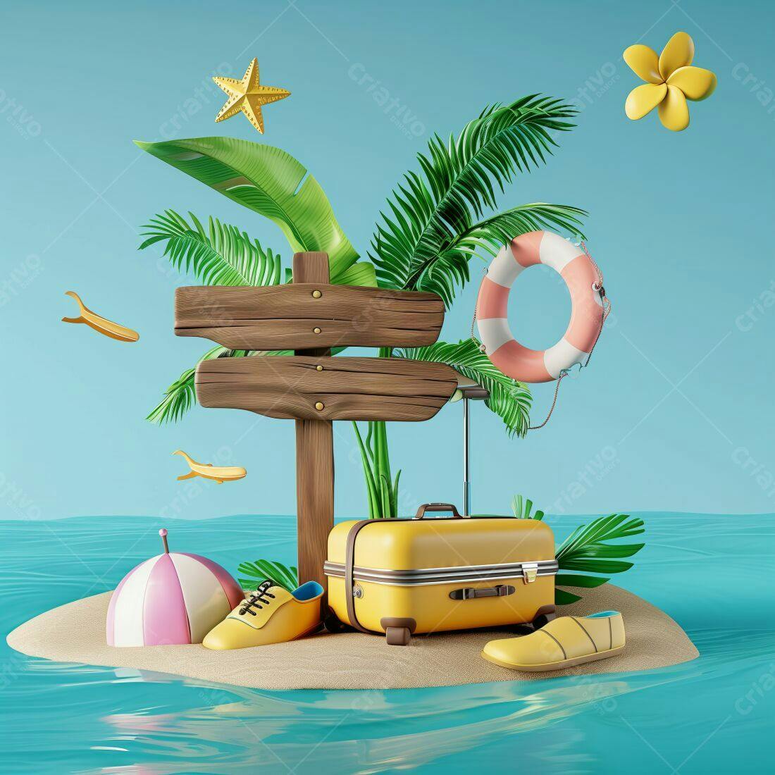 Mala amarela em ilha tropical paradisíaca