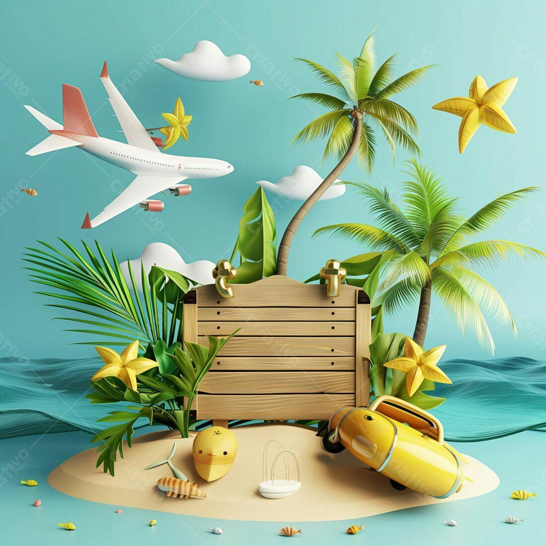 Placa de madeira em ilha tropical com avião