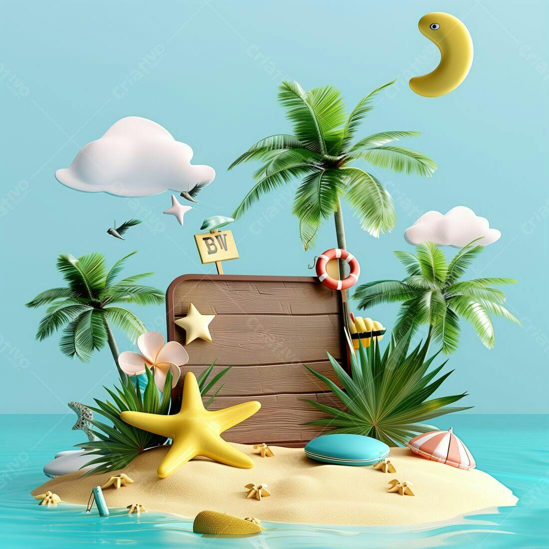 Ilha tropical com placa de madeira e estrelas do mar