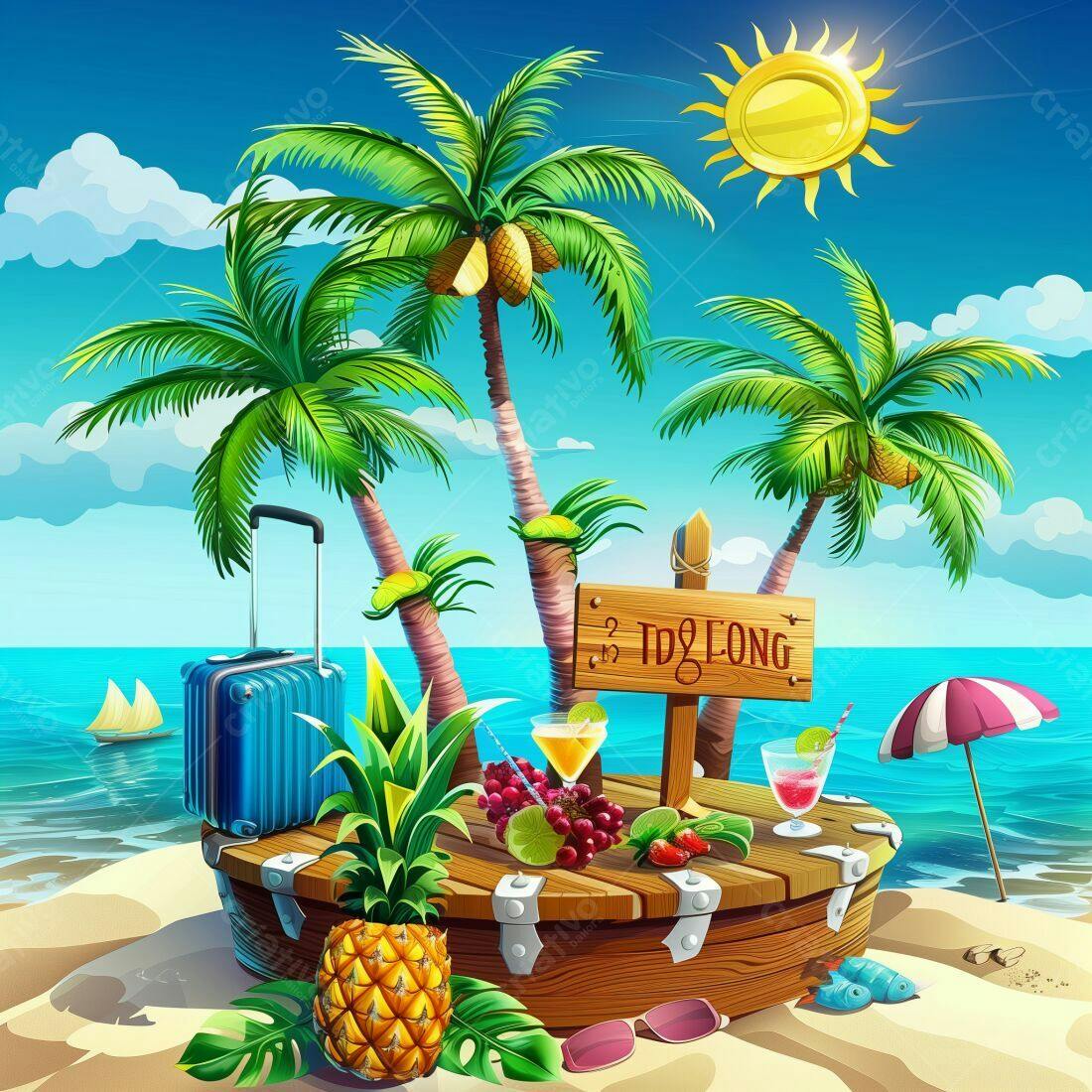Paraíso tropical com coqueiros e drinks