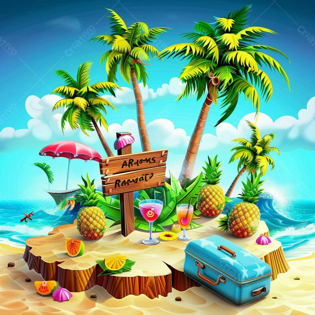 Ilha tropical paradisíaca com coqueiros e drinks
