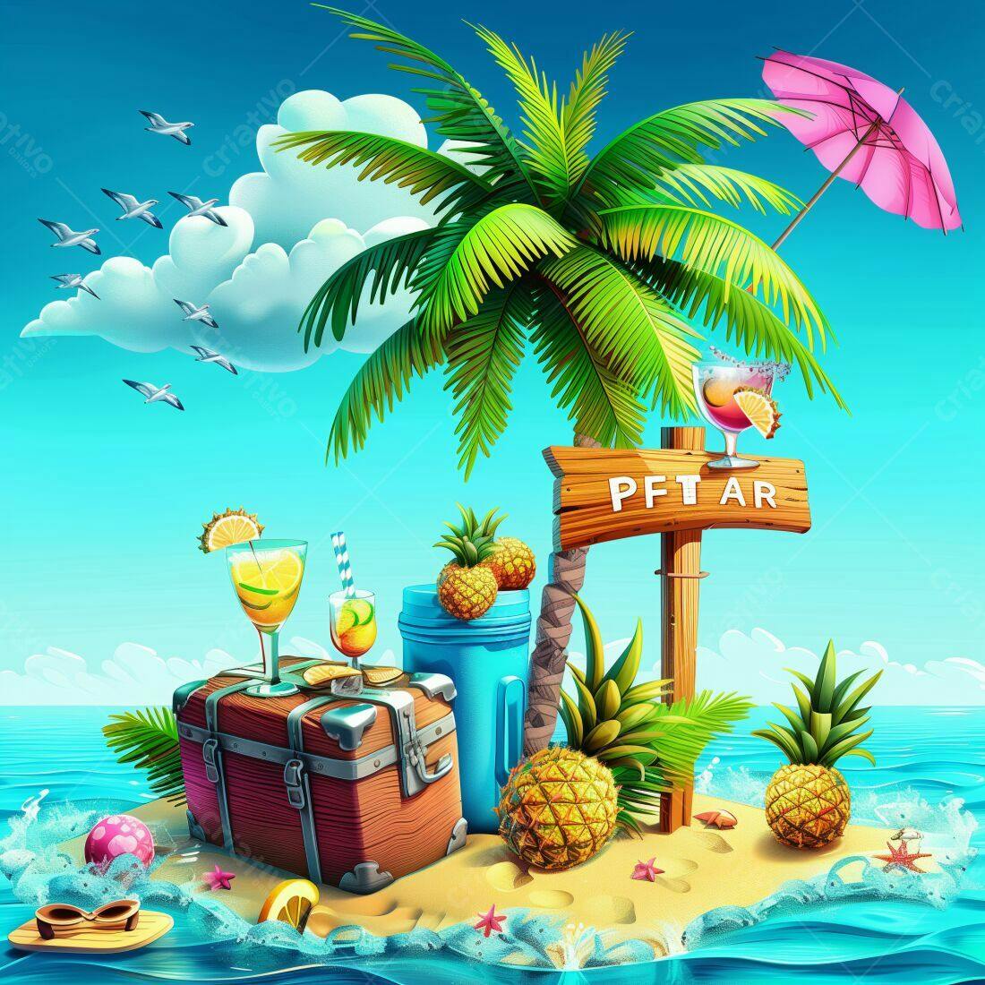 Ilha tropical com coquetel e abacaxis
