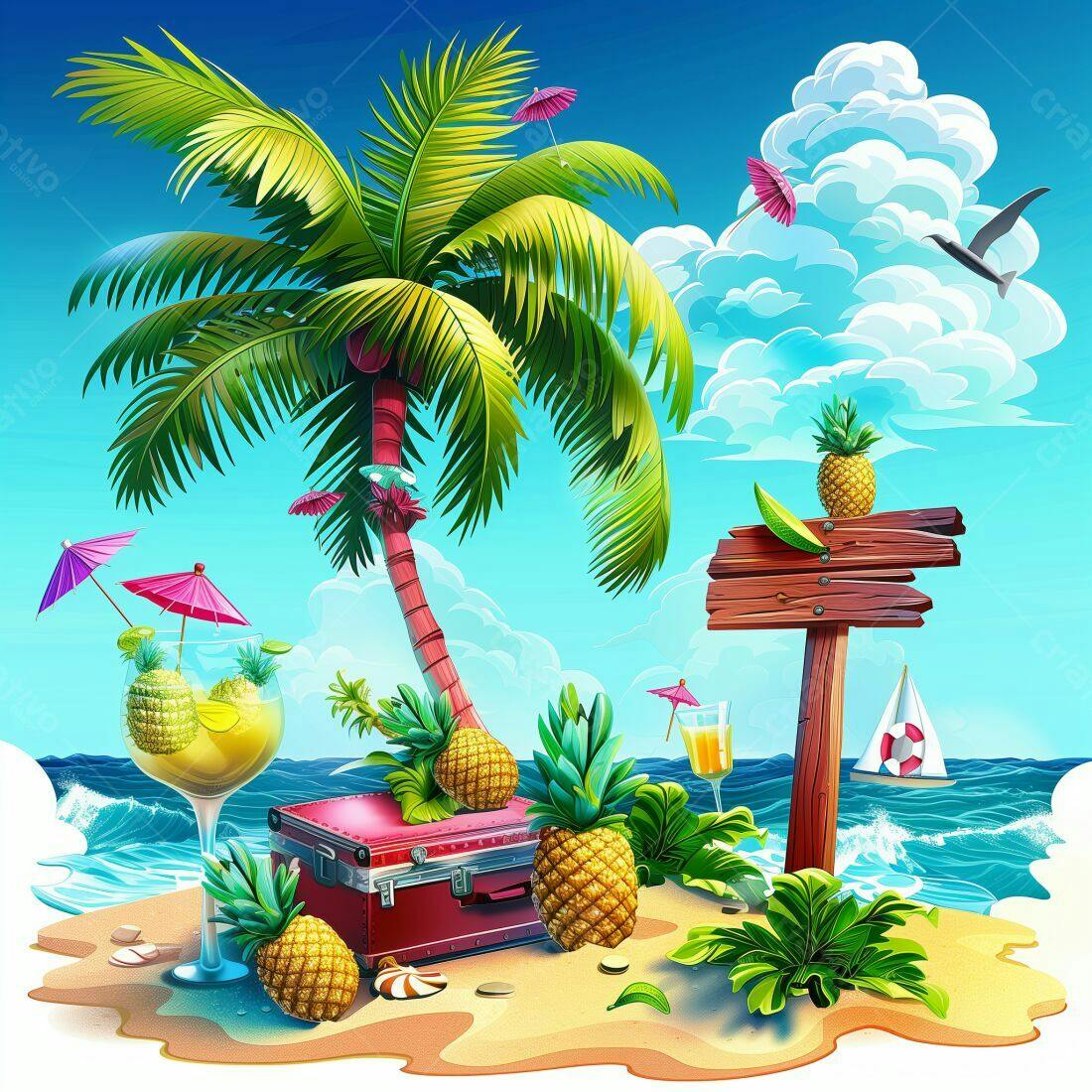 Ilha tropical com abacaxis e coqueiro