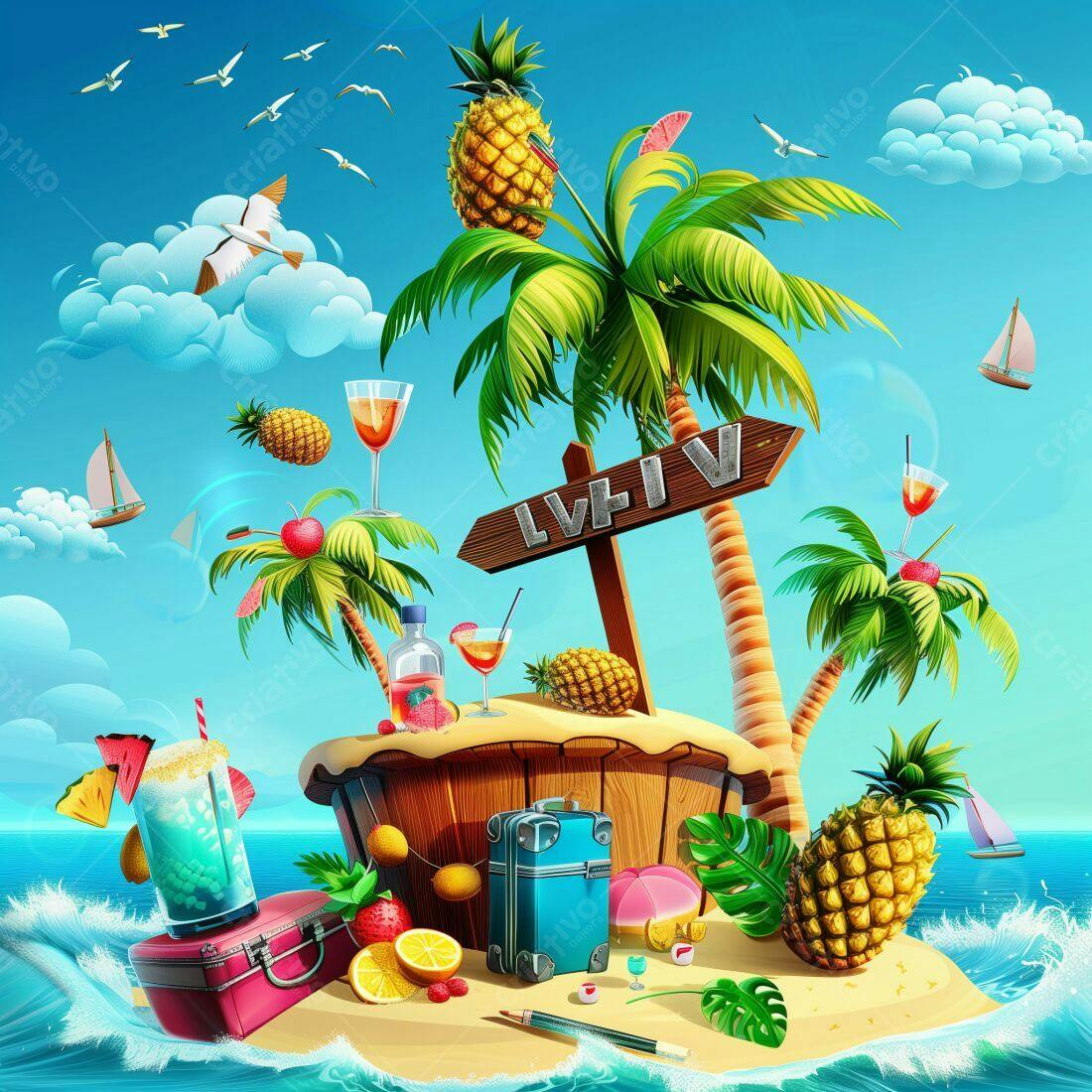 Ilha tropical com coquetéis e malas