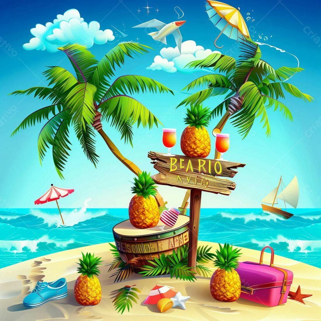 Praia tropical com abacaxis e coqueiros