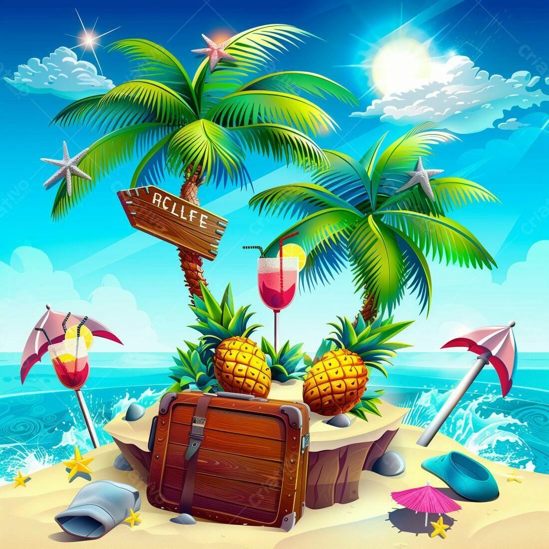 Ilha Tropical com coqueiros e bebidas