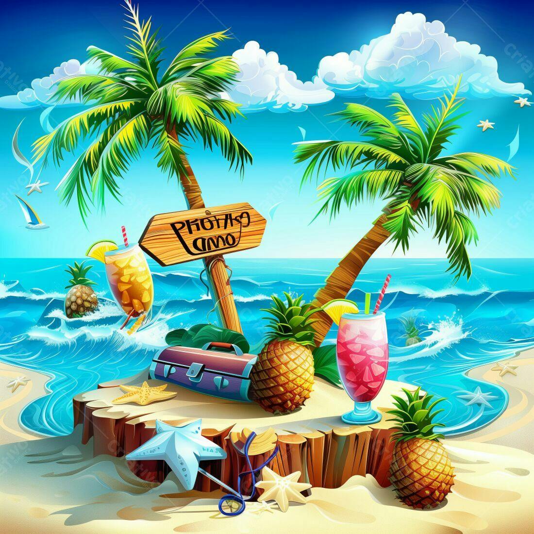 Praia tropical com coqueiros e drinks