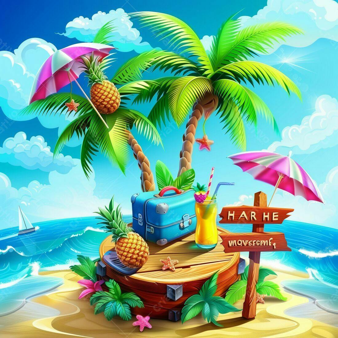 Ilha Tropical com Mala e Abacaxis