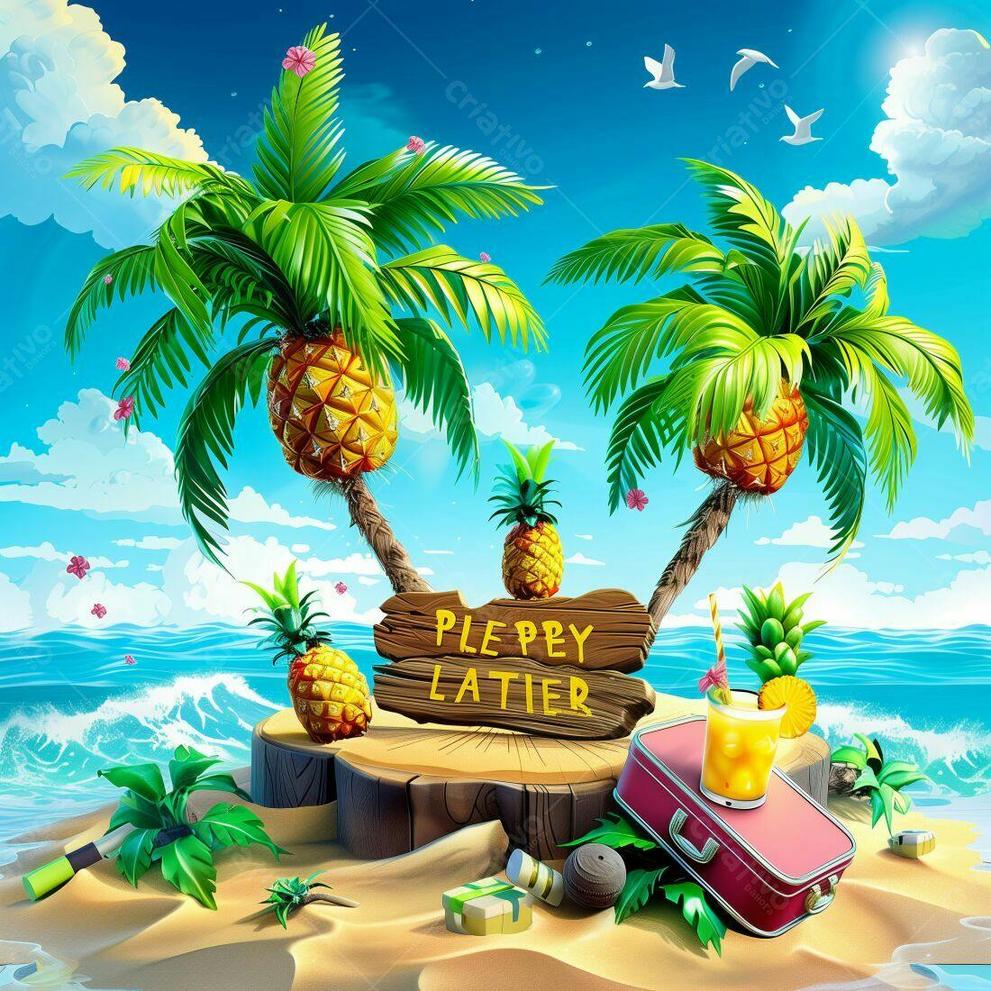 Ilha tropical com abacaxis e coqueiros