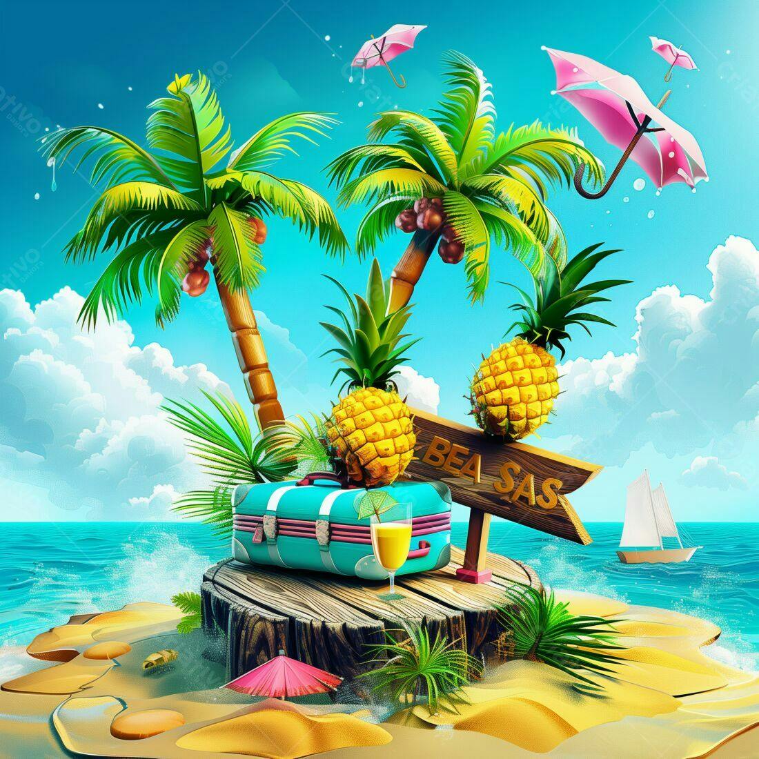 Mala de viagem praia tropical abacaxis