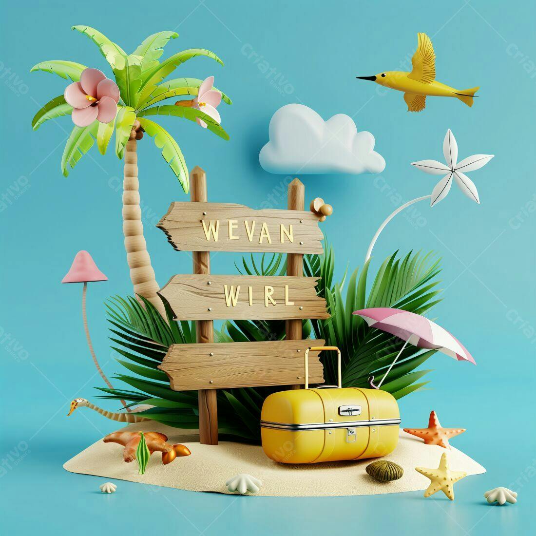 Mala amarela em ilha tropical com placa
