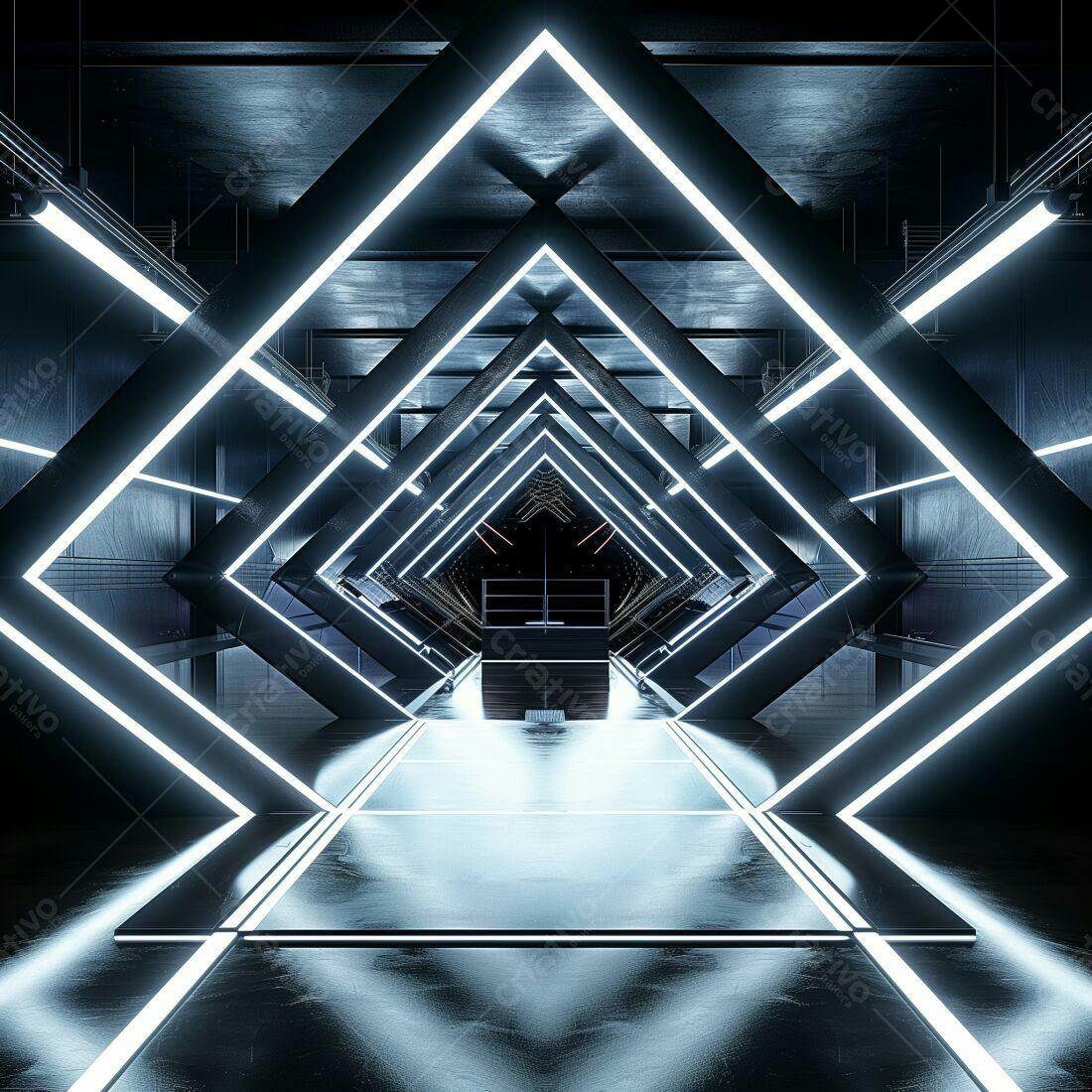 Corredor futurista com iluminação neon azul