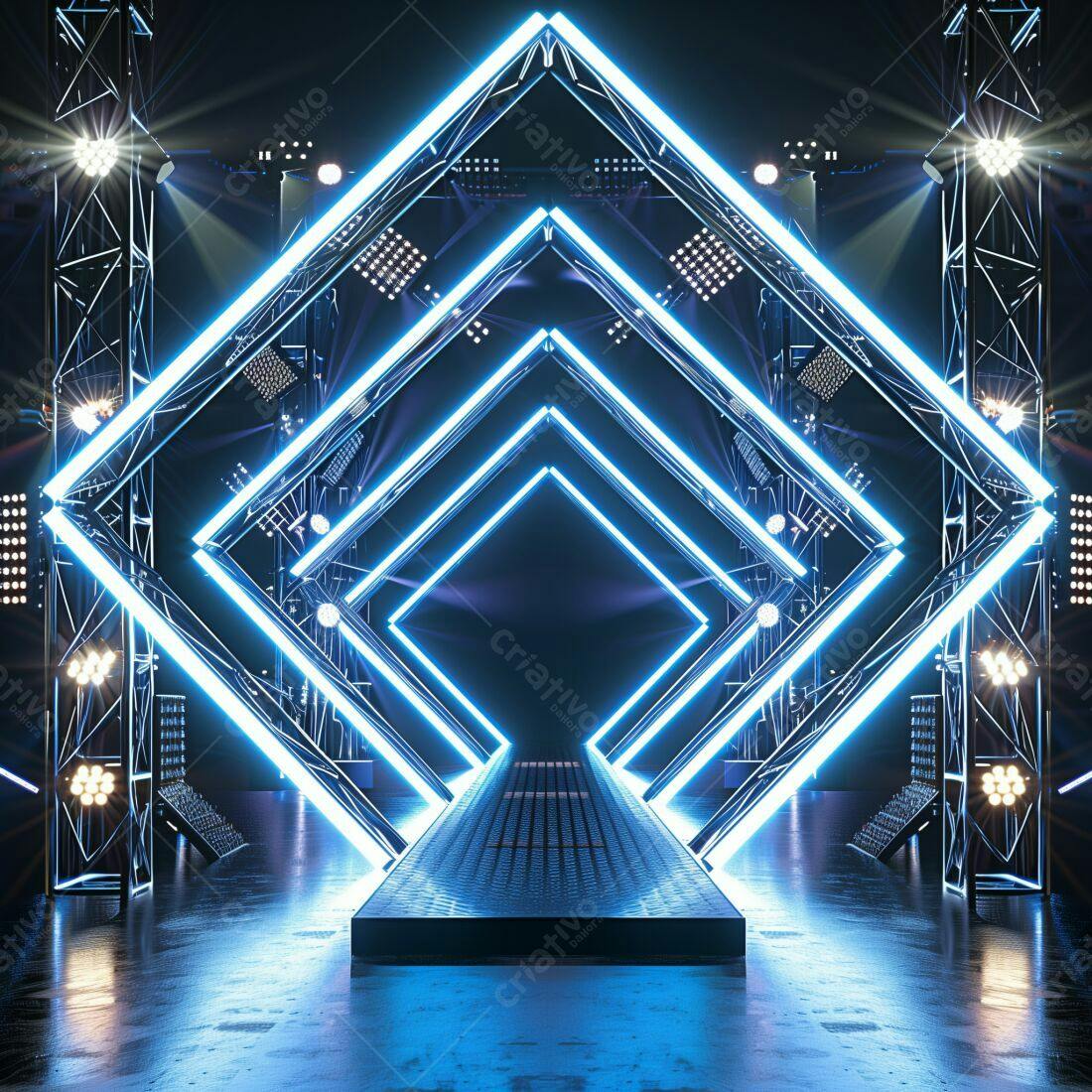 Palco com iluminação neon azul e estrutura metálica