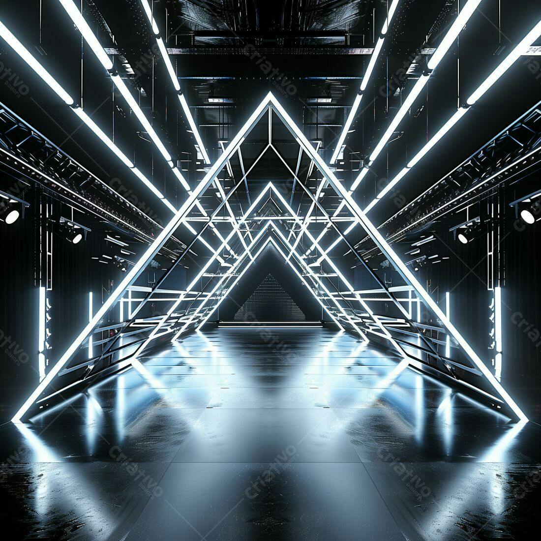 Túnel futurista com luzes neon azuis
