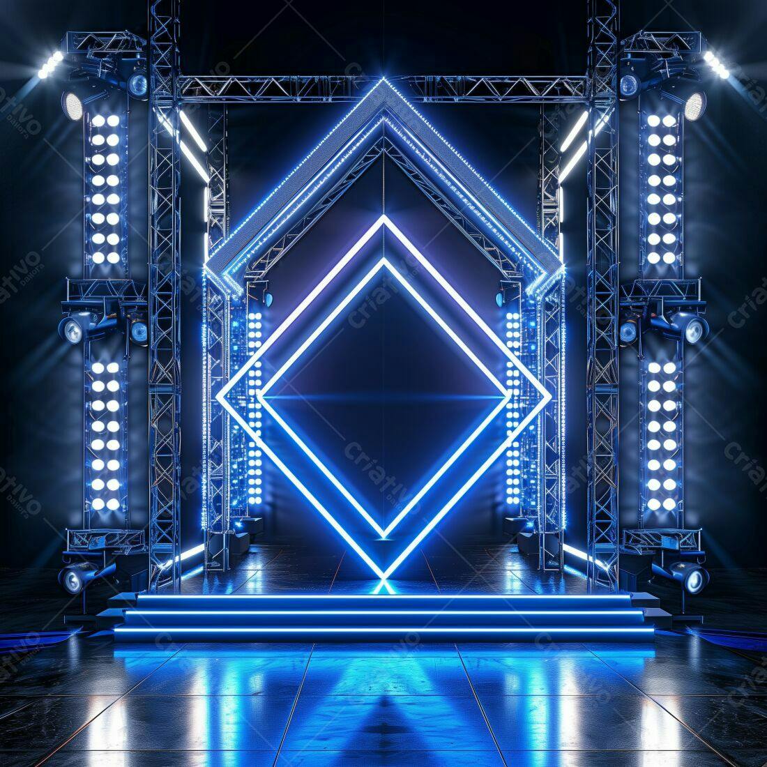 Palco com iluminação neon azul e estrutura metálica