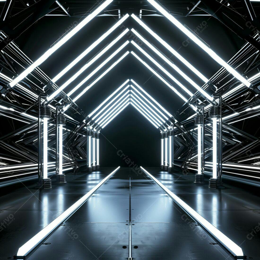 Corredor futurista com luzes neon brancas