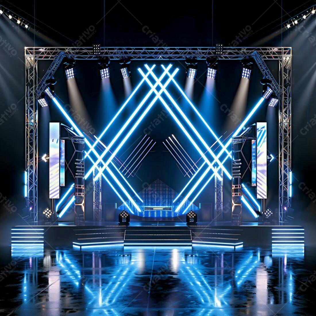 Palco com iluminação neon azul para show
