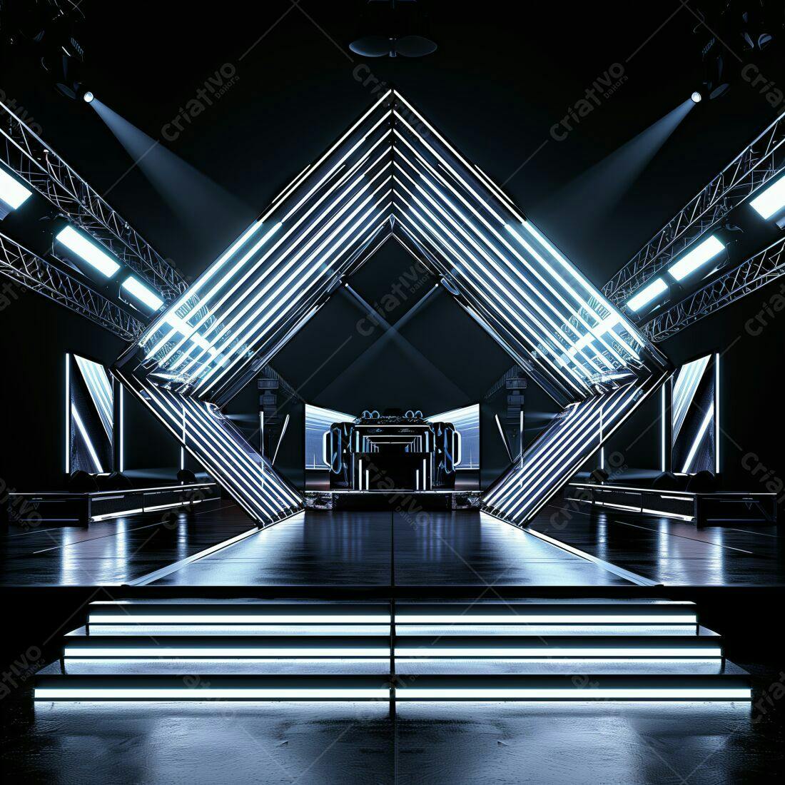 Palco futurista com iluminação neon azul