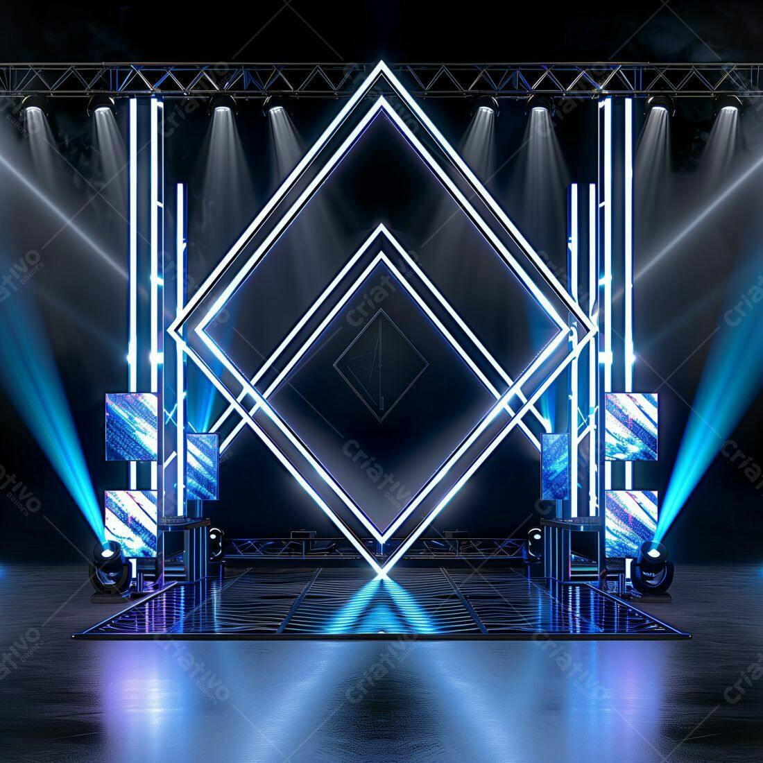 Palco com iluminação azul e estrutura geométrica