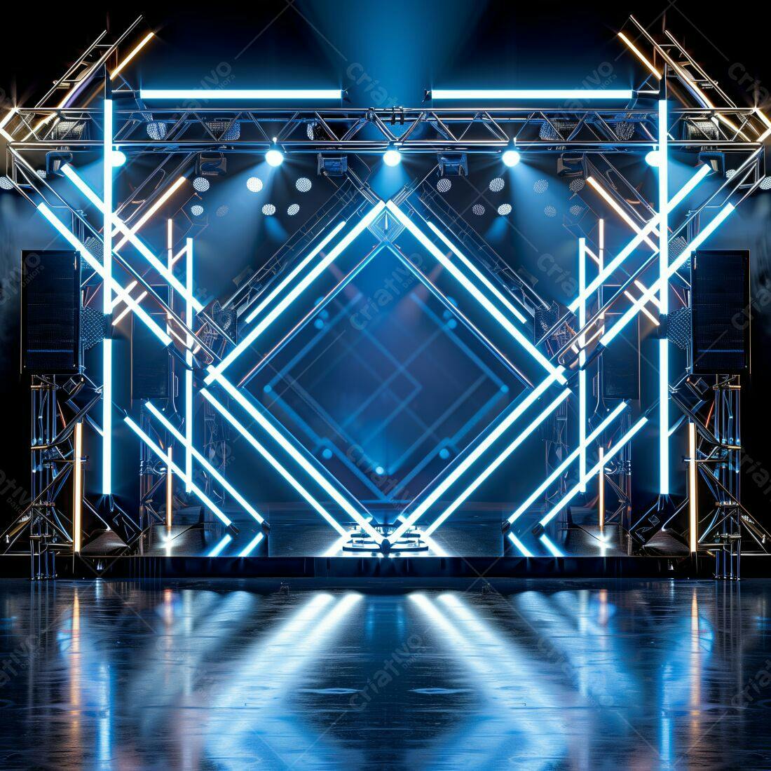 Palco com iluminação neon azul e dourada