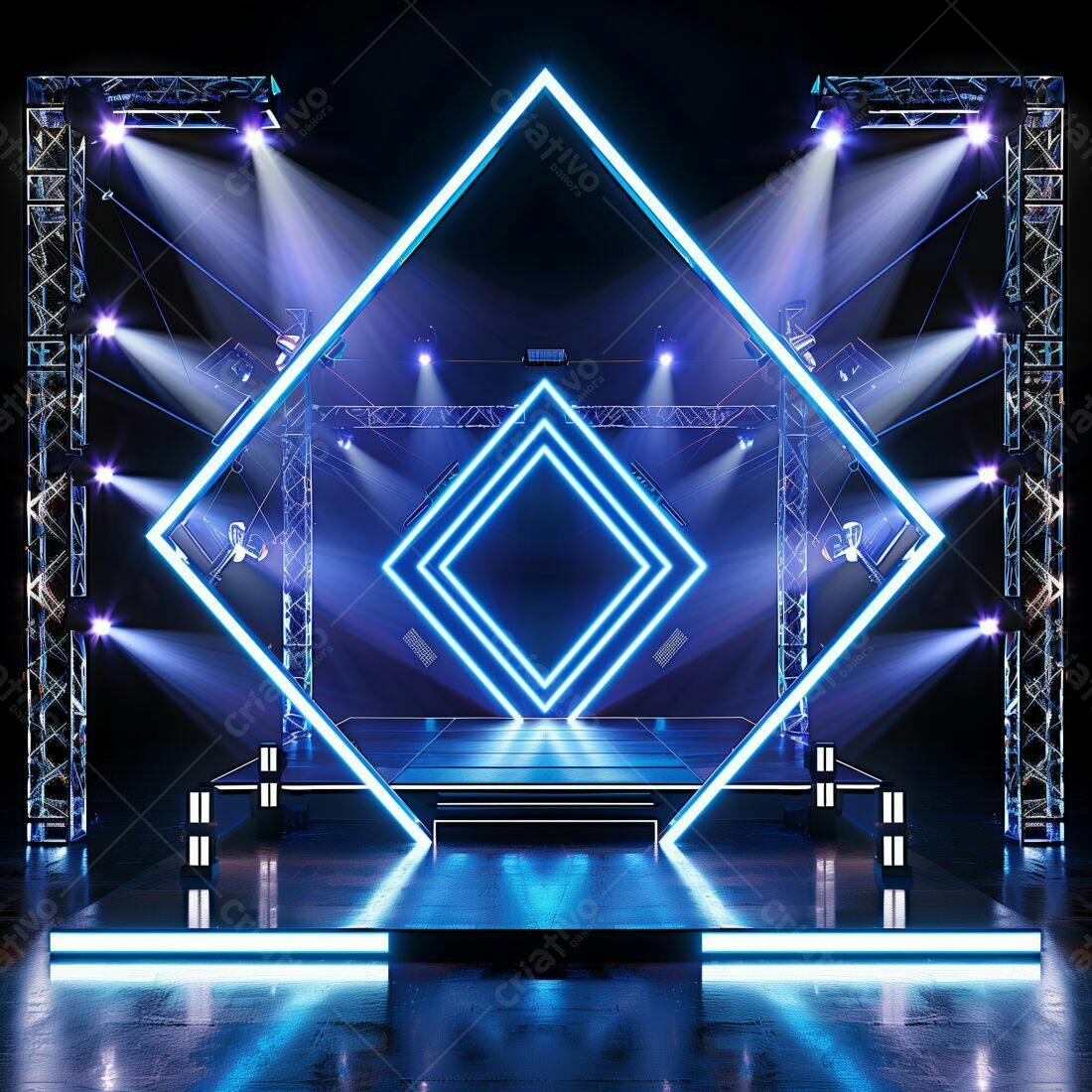 Palco com iluminação neon azul para evento
