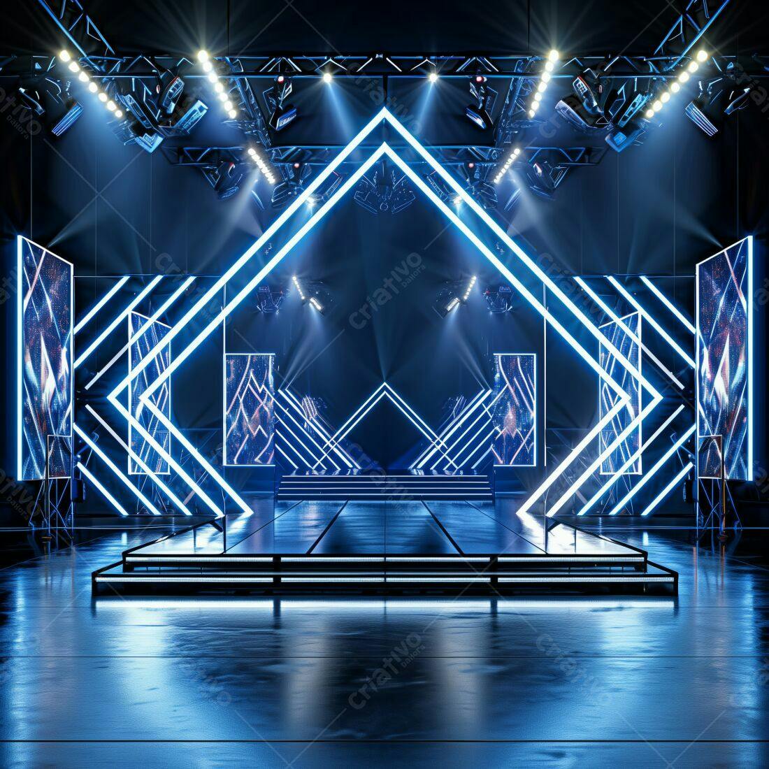 Palco iluminado com luzes azuis para evento