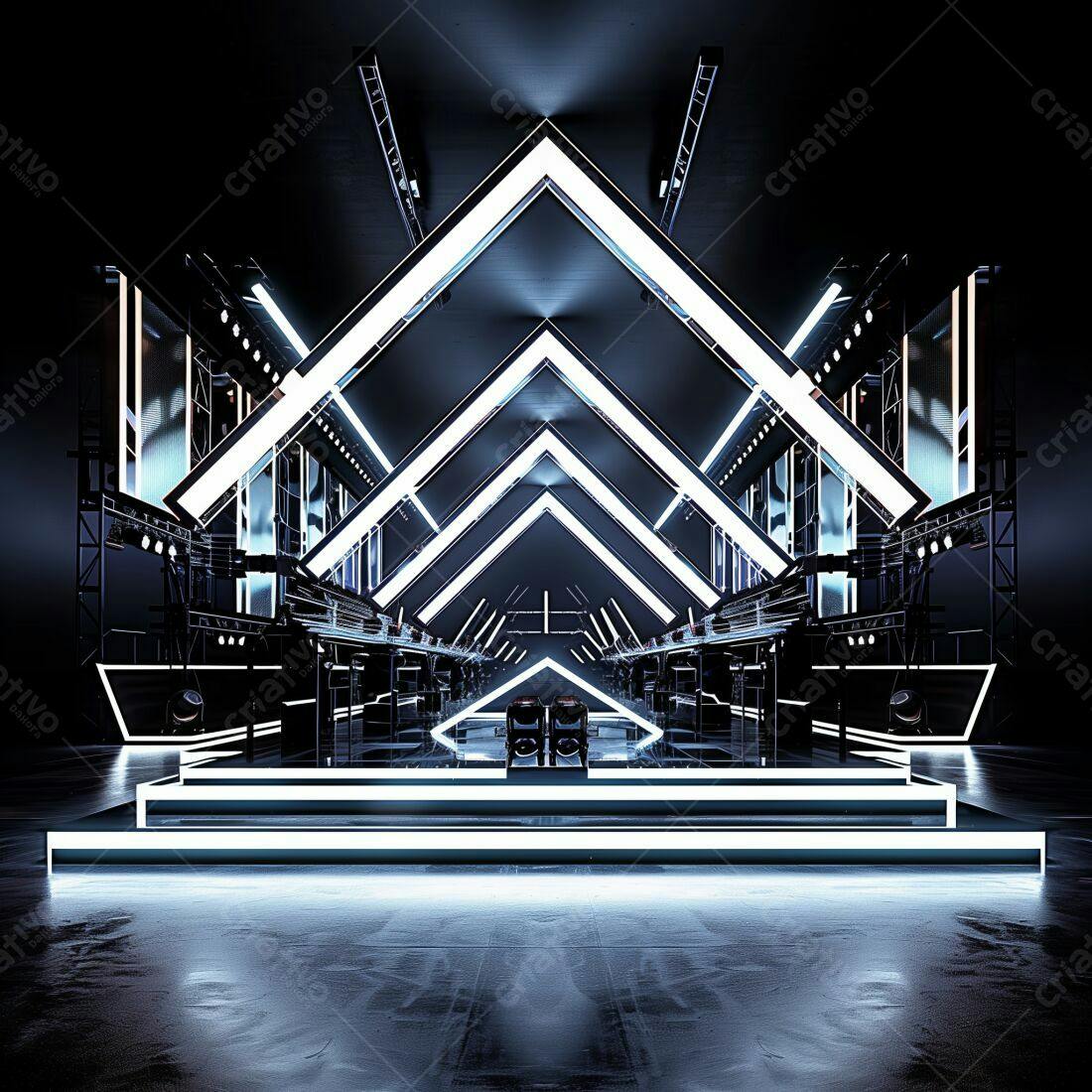 Palco futurista com iluminação neon azul e branca