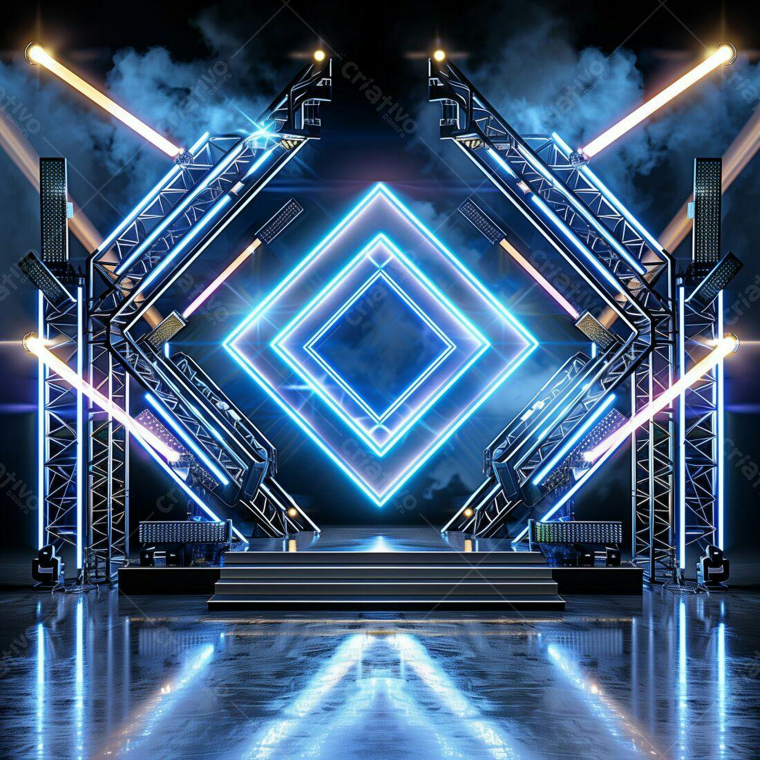 Palco Neon com Iluminação Azul e Estrutura Metálica