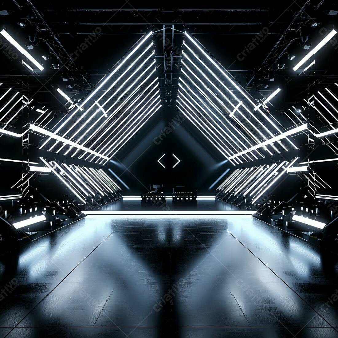 Ambiente futurista com iluminação em neon branco e preto