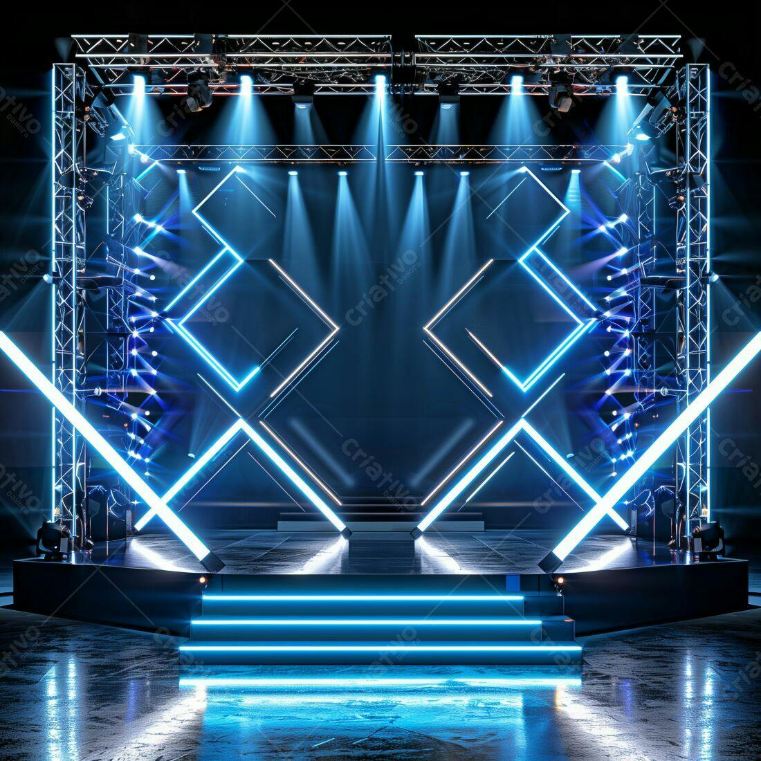 Palco com iluminação neon azul para evento