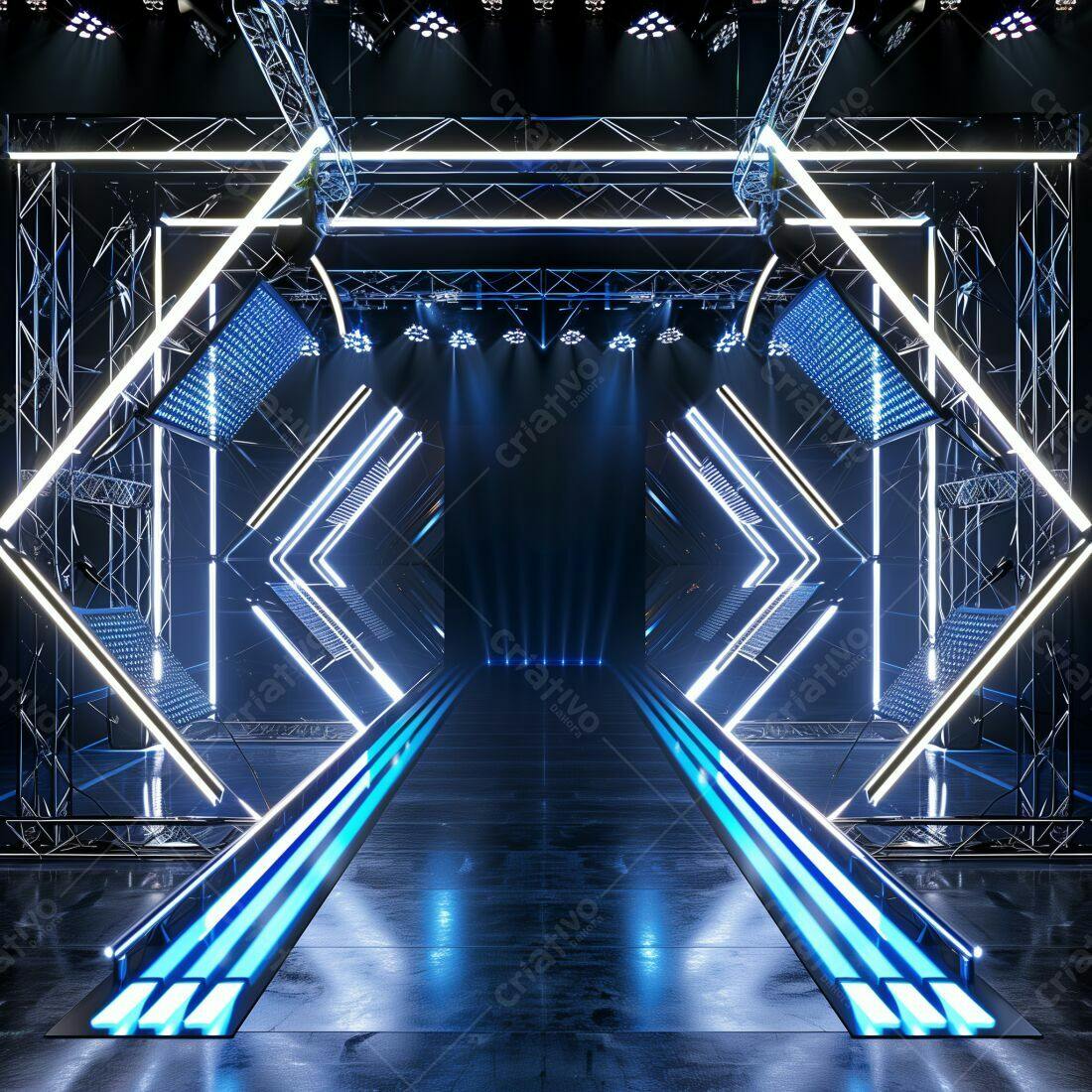 Palco futurista com iluminação neon azul e branca