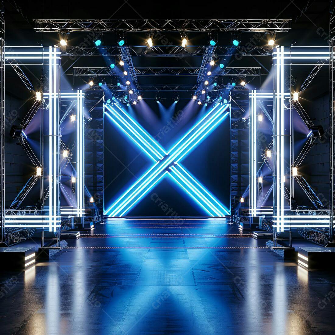 Palco futurista com iluminação azul neon