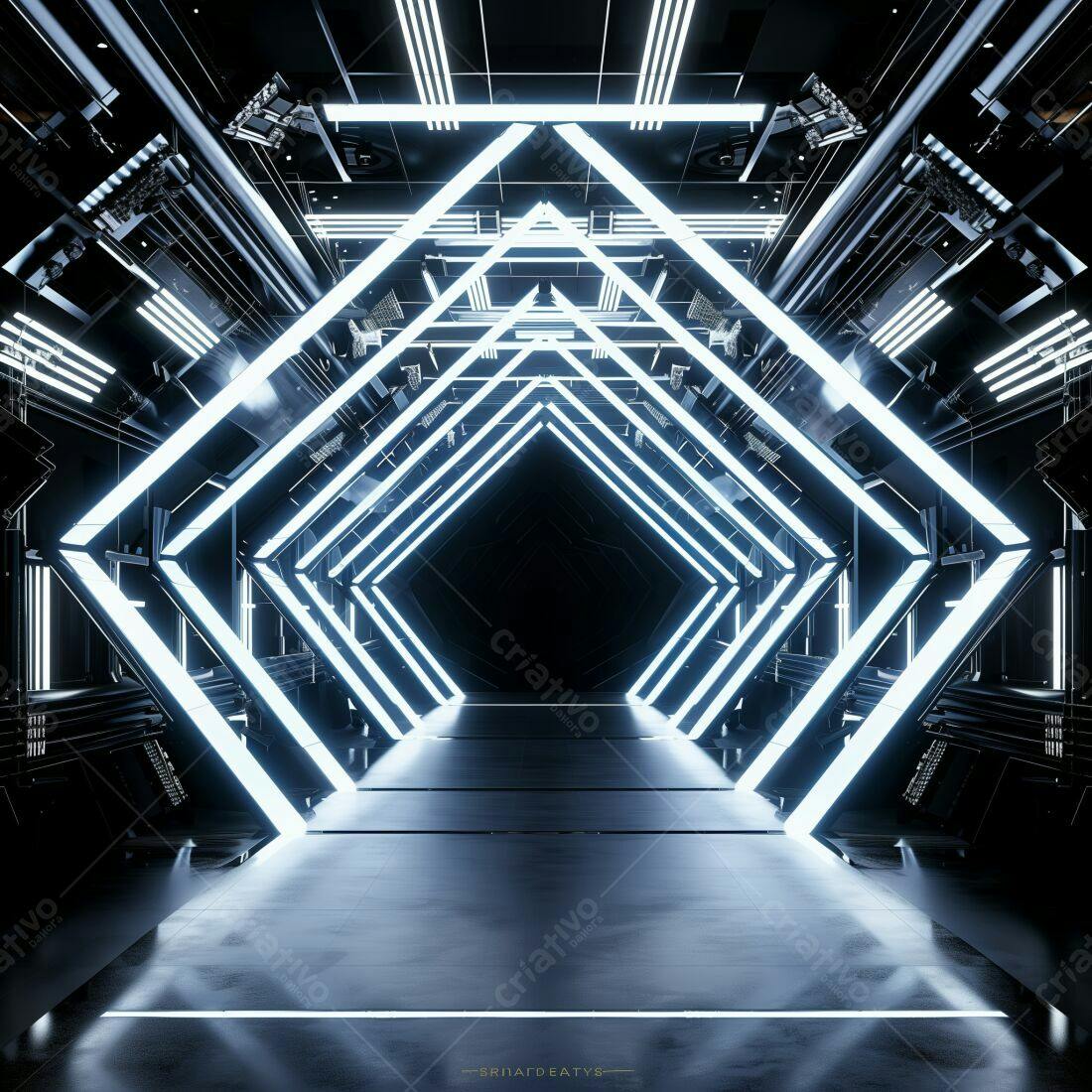 Corredor futurista com luzes neon azuis