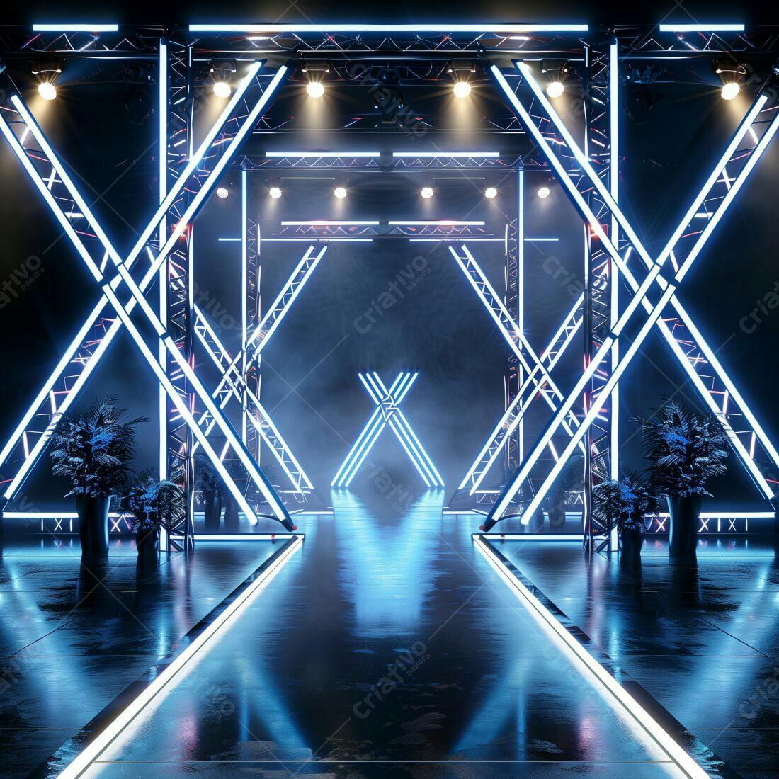 Palco Neon com iluminação azul e plantas