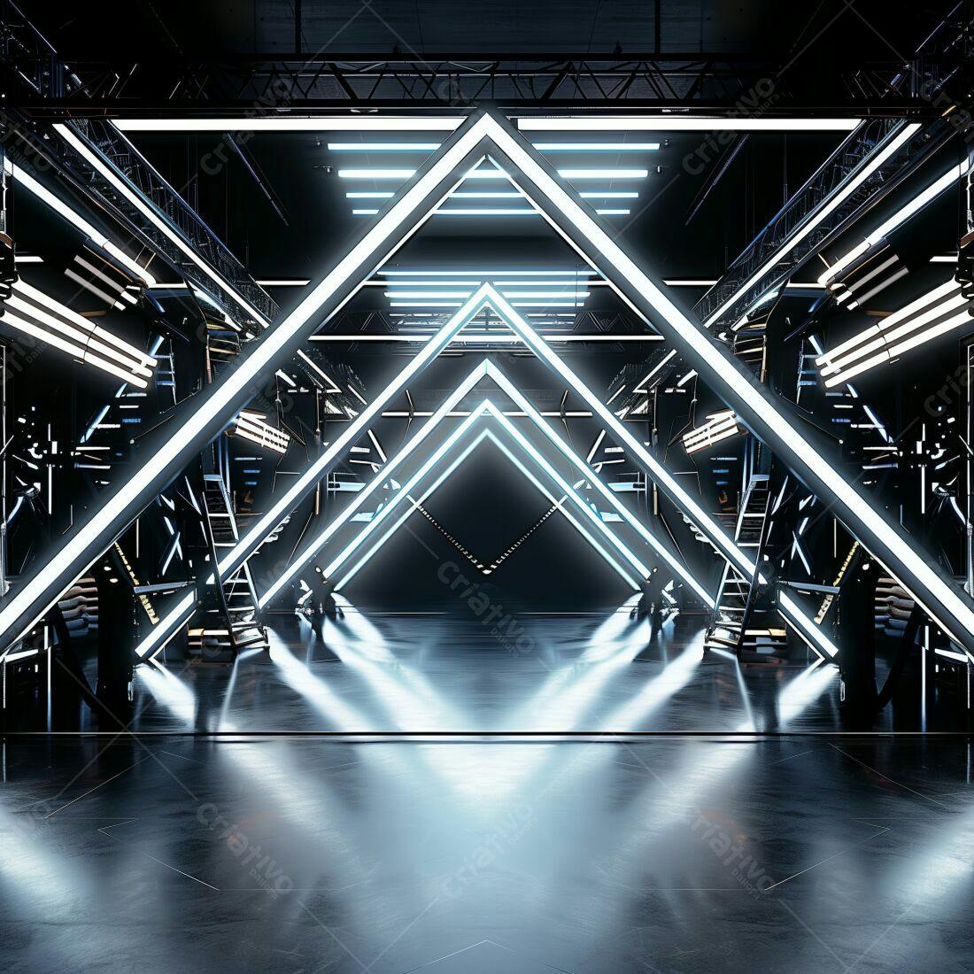 Corredor futurista com luzes neon azuis e pretas