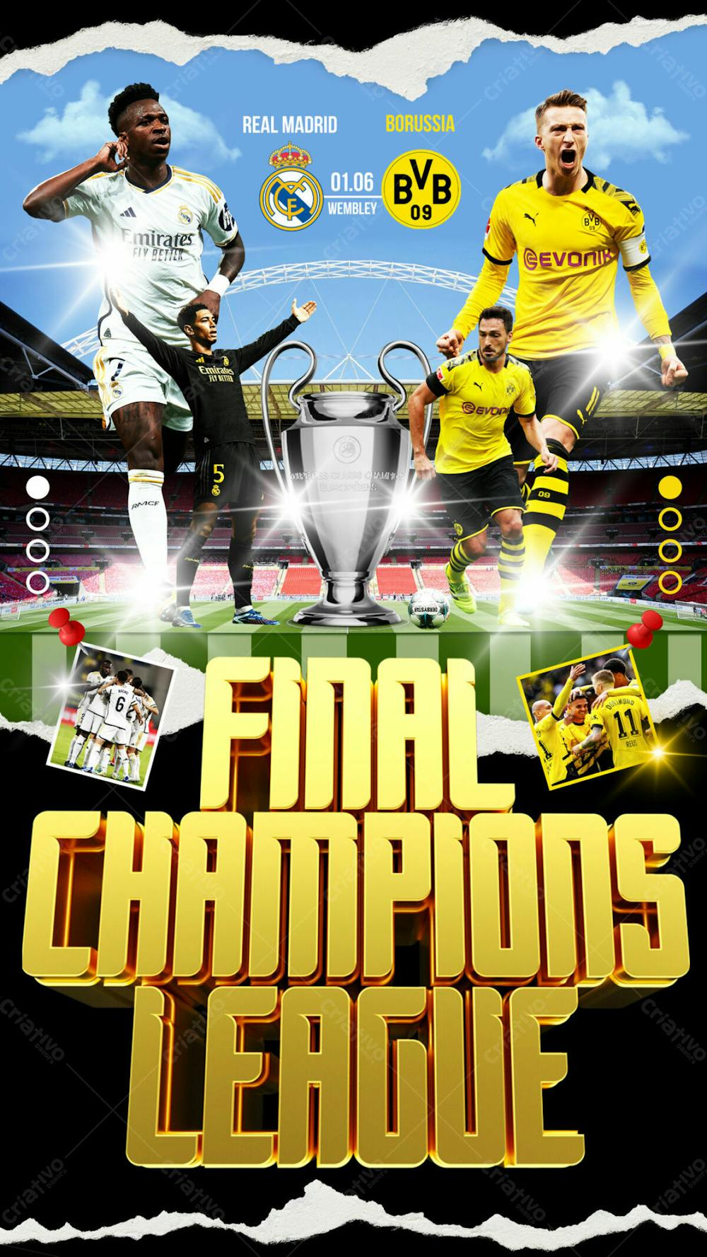 FLYER ESPORTIVO FINAL CHAMPIONS LEAGUE REAL MADRID VS BORUSSIA STORIES