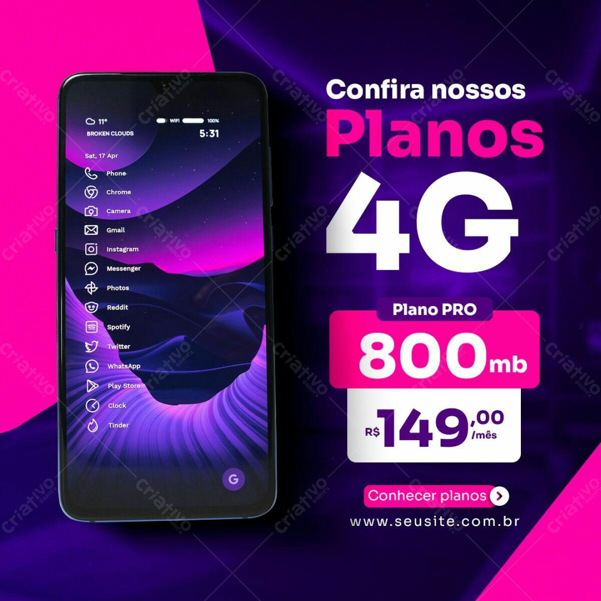 Modelo de Tela de Celular para Anúncio de Plano 4G PSD Editável
