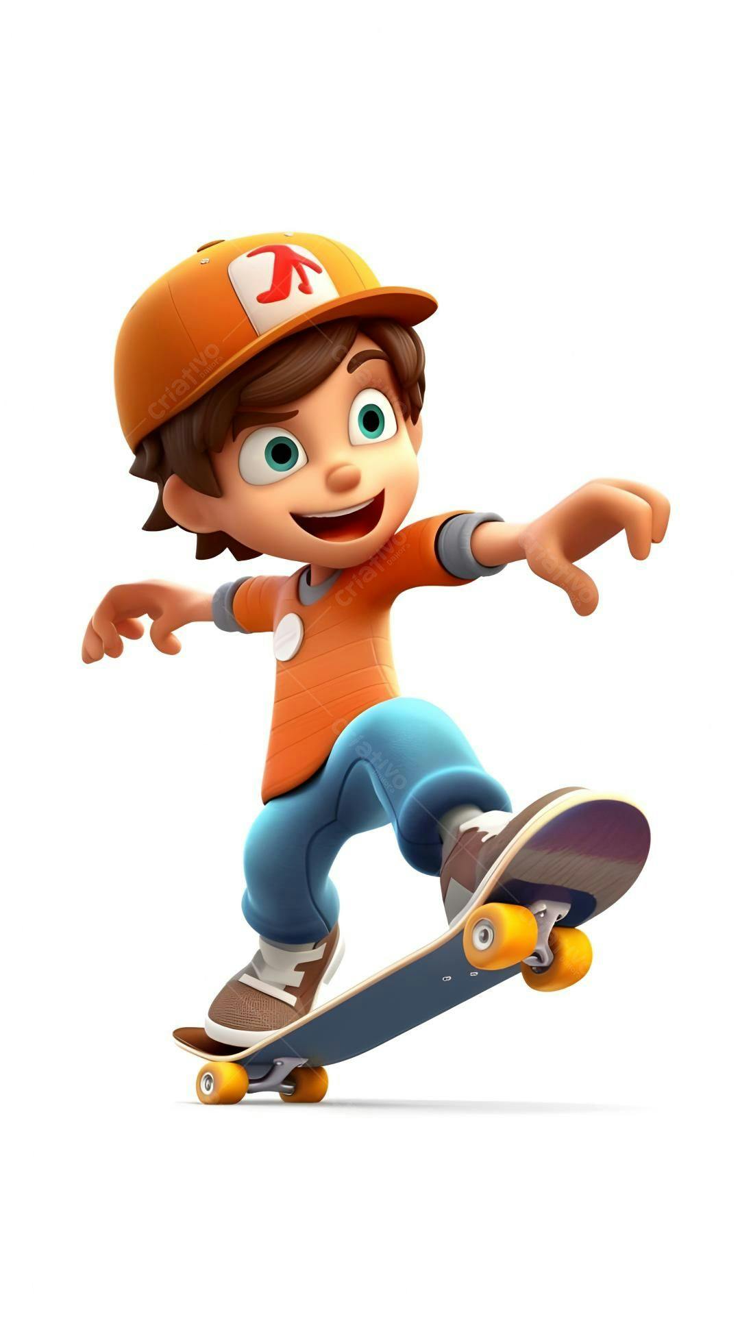 Menino feliz de skate cores laranja e azul