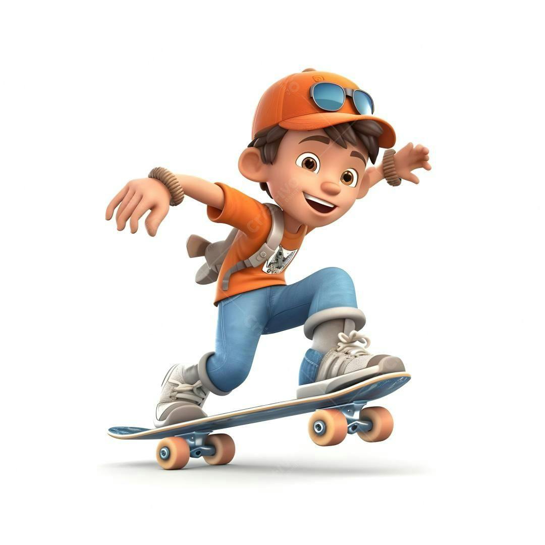 Menino feliz de skate em fundo branco