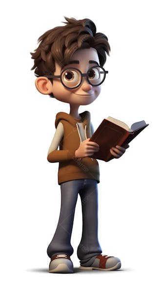 Personagem animado 3d de menino segurando um livro